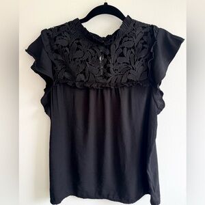 Iris Black Lace Yoke Blouse Size Large Flutter Sleeve Boho Top